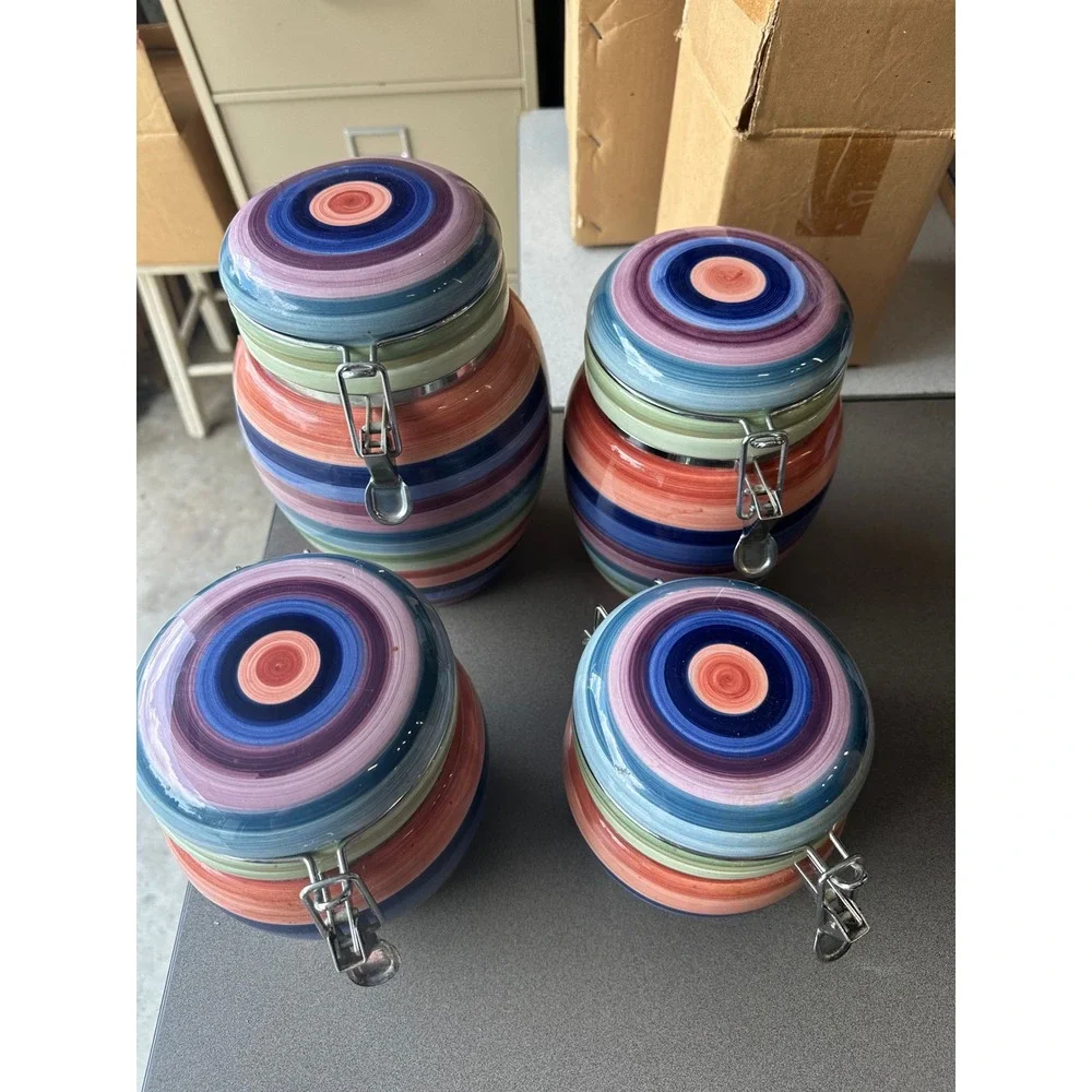 Set of 4 Ceramic Kitchen Canister Set Multi Color Striped Airtight Locking Lids